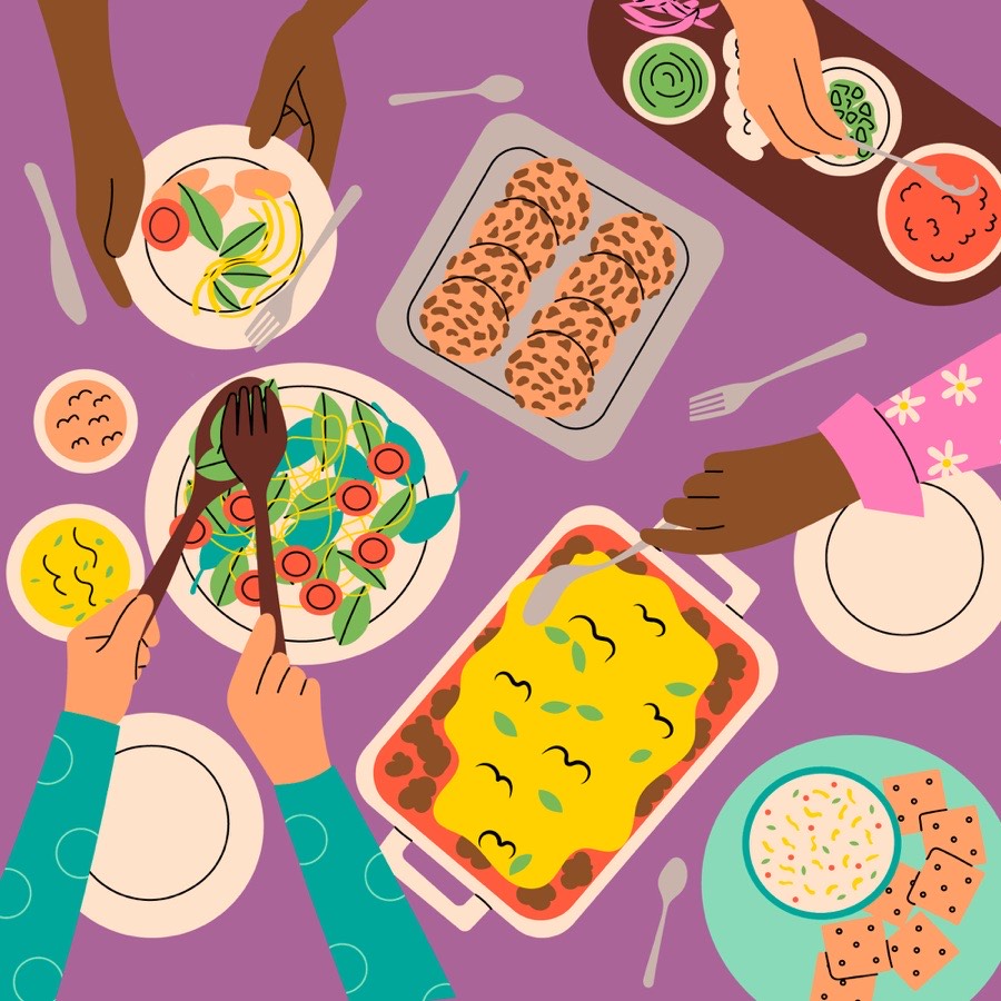 Illustration of many hands sharing dishes around a potluck table